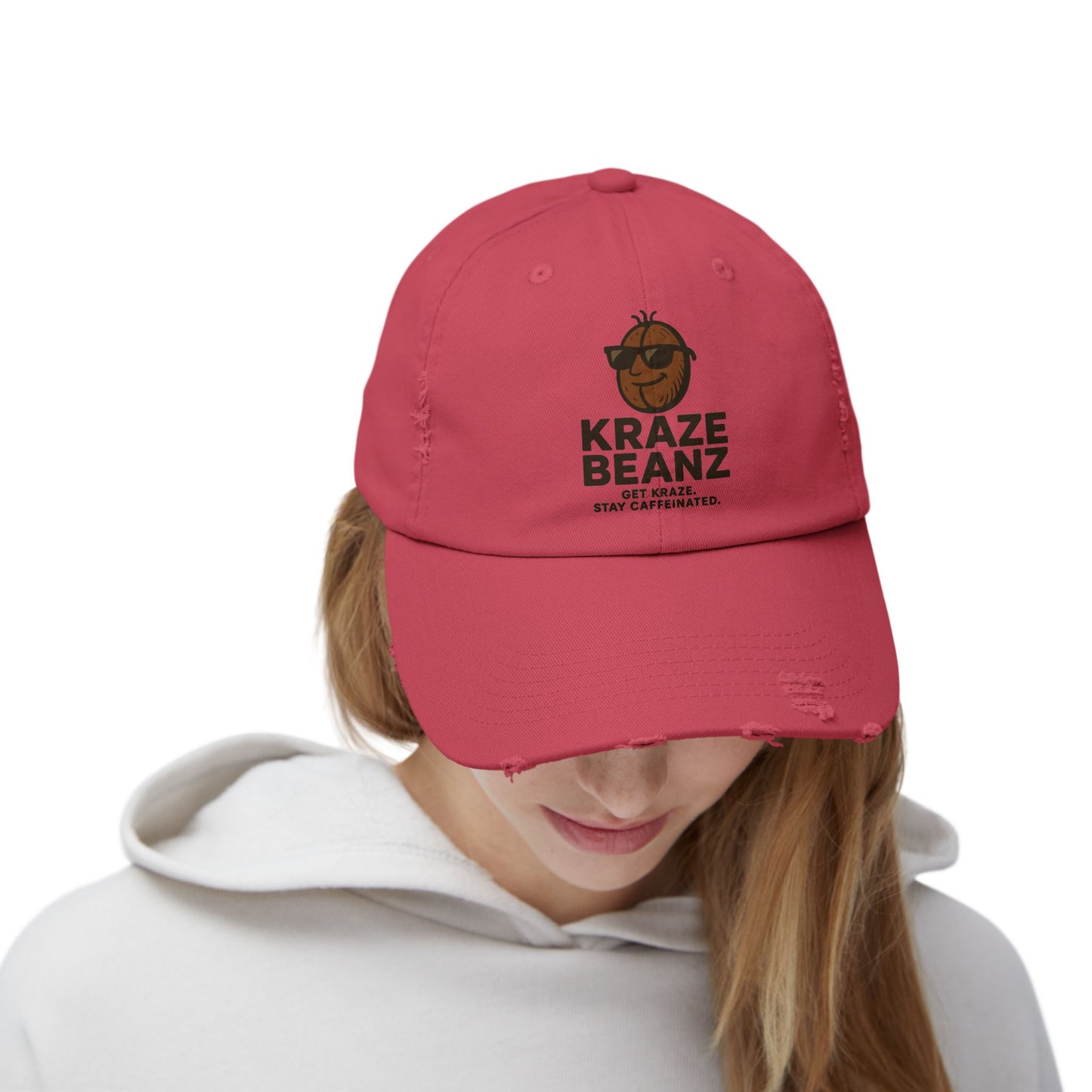 Kraze Beanz Distressed Cap — Vintage Coffee Logo Hat ("Kraze Beanz: Get Kraze. Stay Caffeinated.")