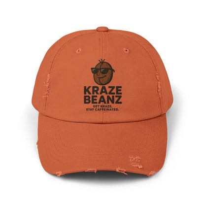 Kraze Beanz Distressed Cap — Vintage Coffee Logo Hat ("Kraze Beanz: Get Kraze. Stay Caffeinated.")