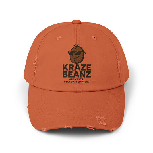 Kraze Beanz Distressed Cap — Vintage Coffee Logo Hat ("Kraze Beanz: Get Kraze. Stay Caffeinated.")