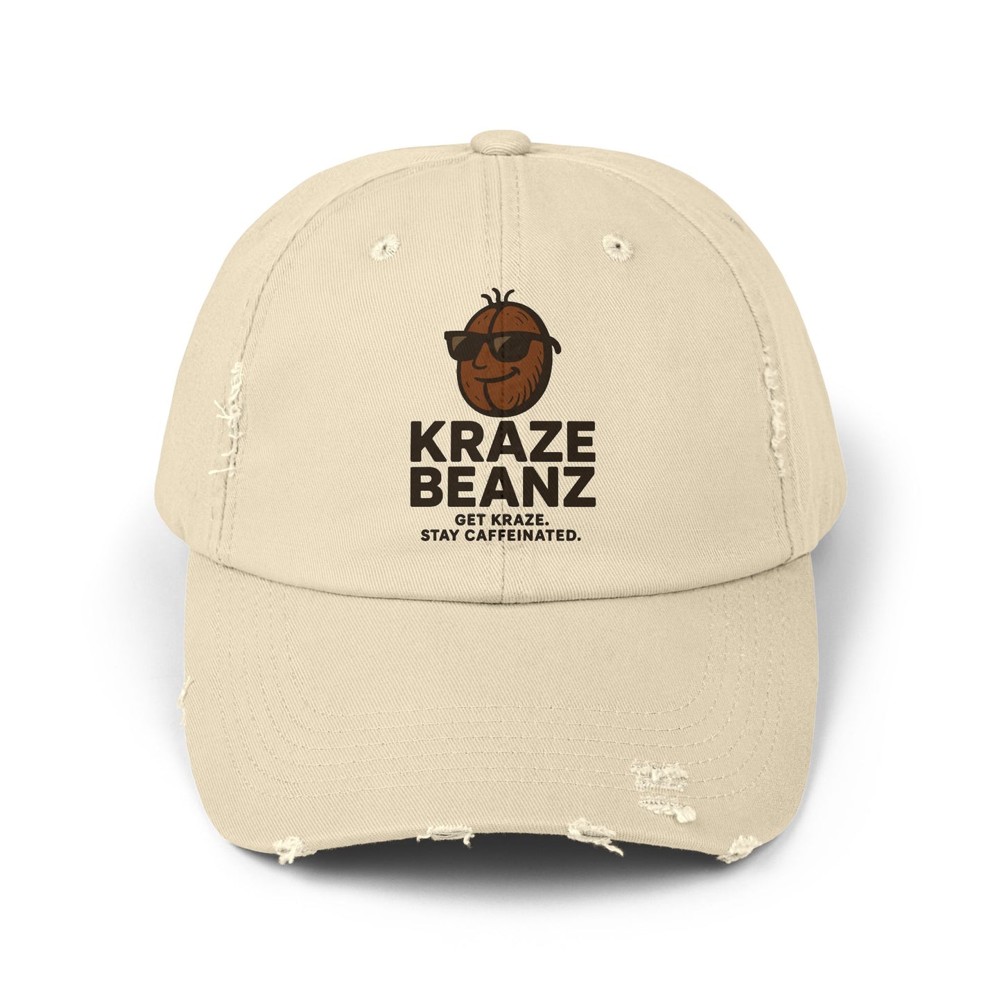 Kraze Beanz Distressed Cap — Vintage Coffee Logo Hat ("Kraze Beanz: Get Kraze. Stay Caffeinated.")
