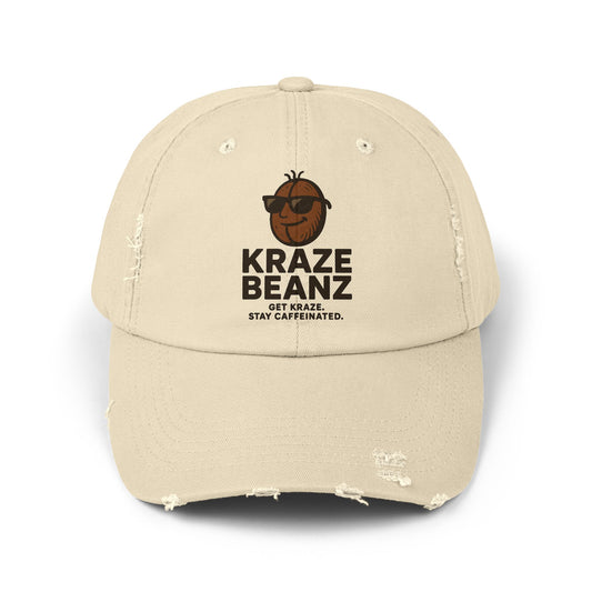 Kraze Beanz Distressed Cap — Vintage Coffee Logo Hat ("Kraze Beanz: Get Kraze. Stay Caffeinated.")