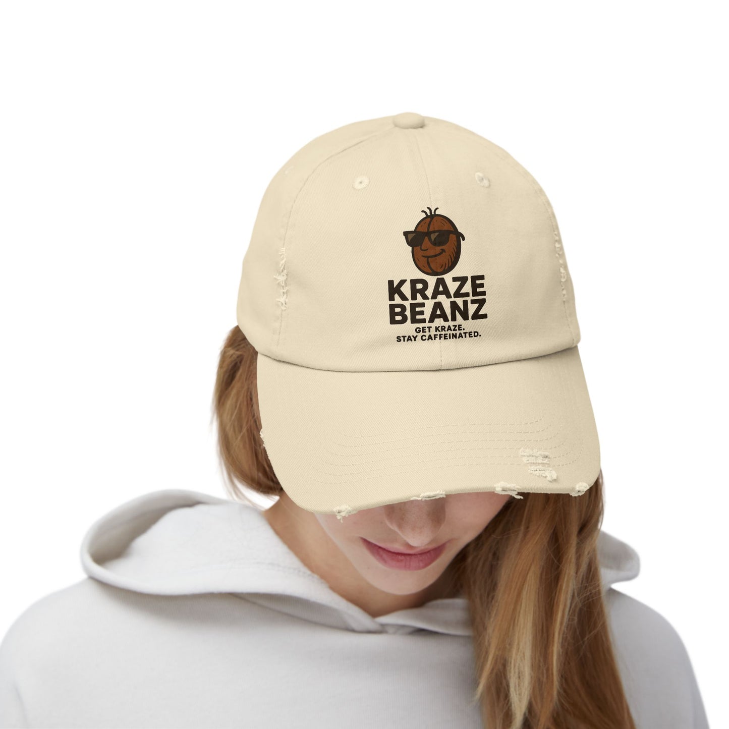 Kraze Beanz Distressed Cap — Vintage Coffee Logo Hat ("Kraze Beanz: Get Kraze. Stay Caffeinated.")