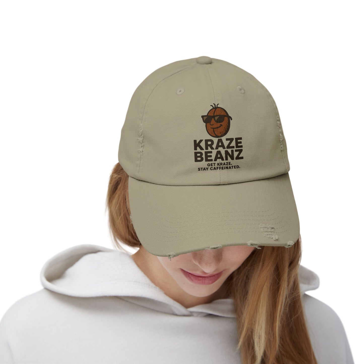 Kraze Beanz Distressed Cap — Vintage Coffee Logo Hat ("Kraze Beanz: Get Kraze. Stay Caffeinated.")
