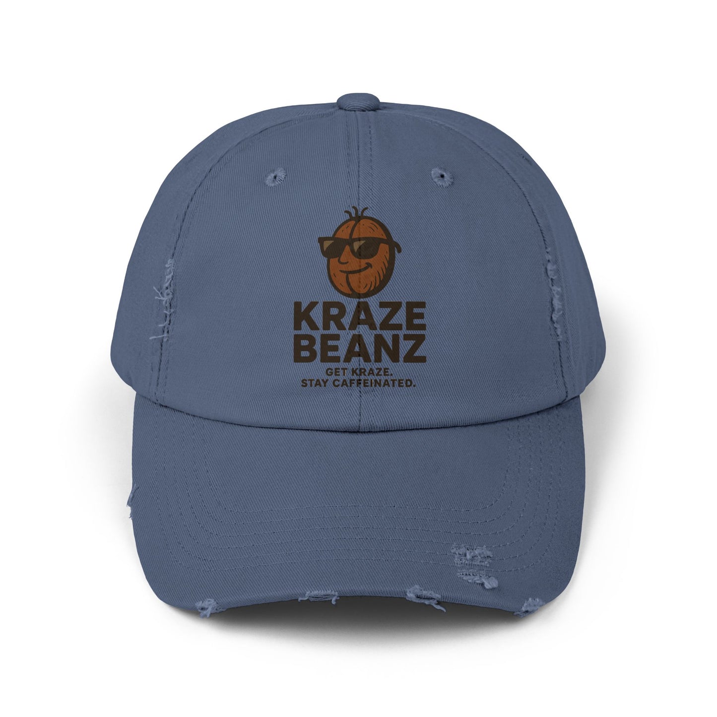 Kraze Beanz Distressed Cap — Vintage Coffee Logo Hat ("Kraze Beanz: Get Kraze. Stay Caffeinated.")