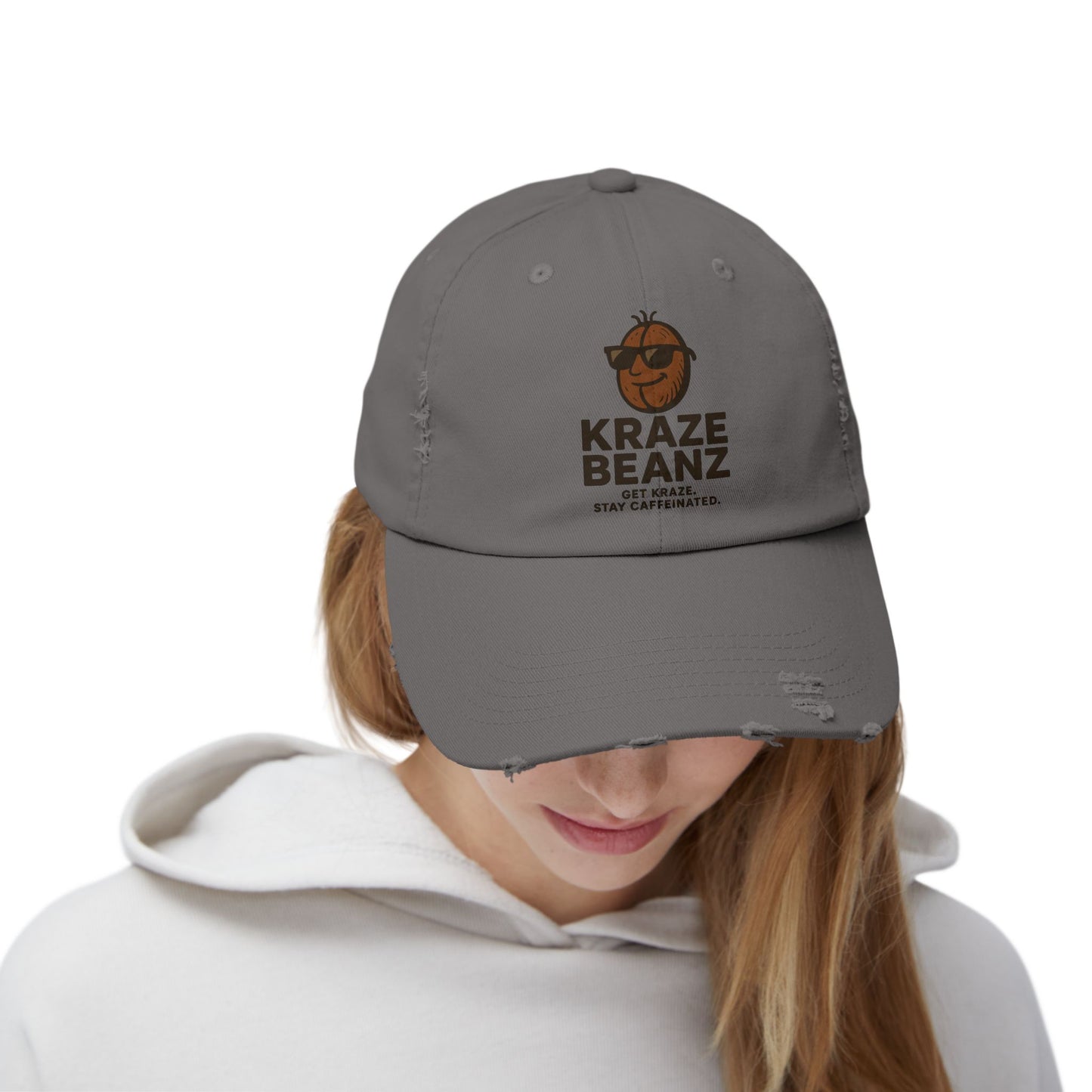 Kraze Beanz Distressed Cap — Vintage Coffee Logo Hat ("Kraze Beanz: Get Kraze. Stay Caffeinated.")