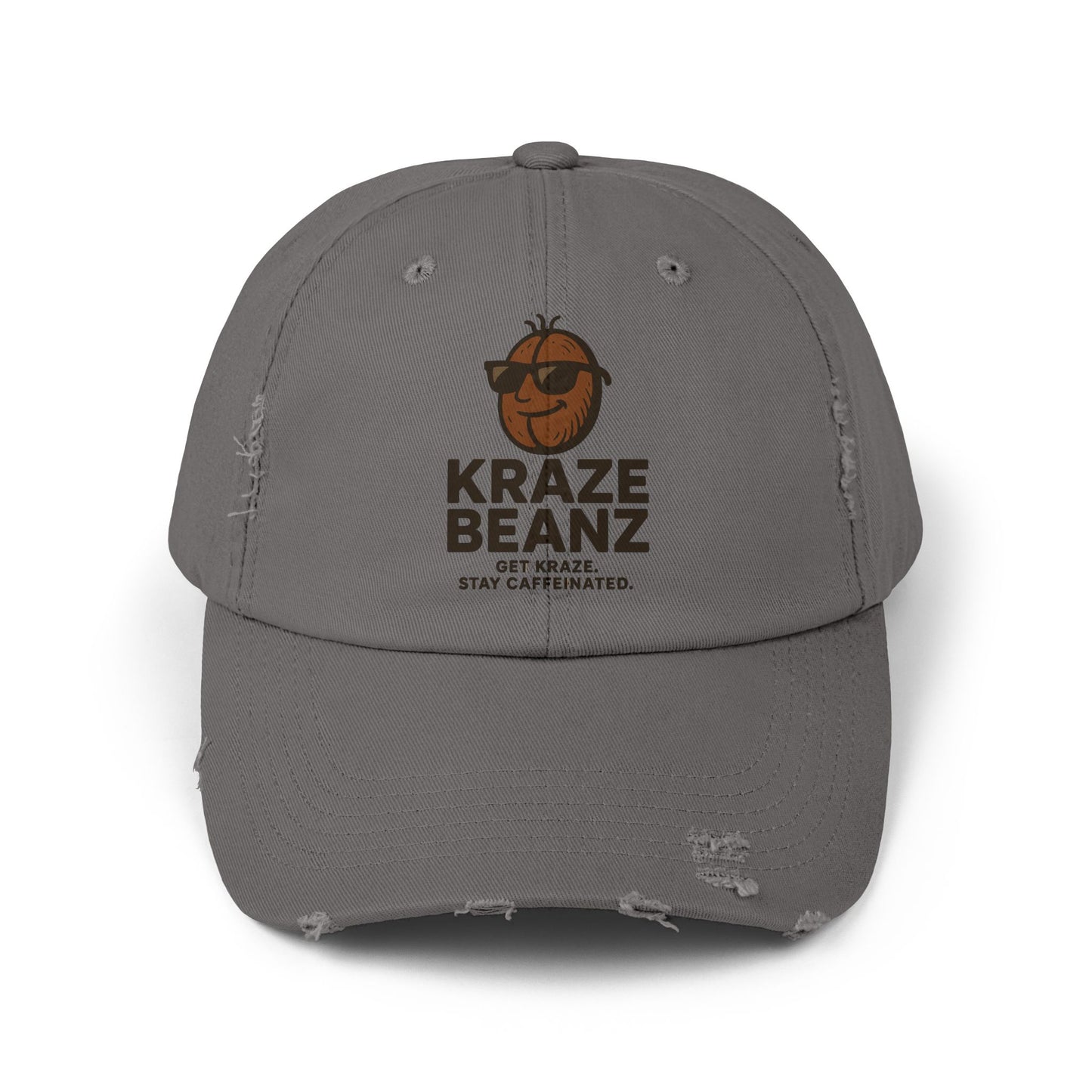 Kraze Beanz Distressed Cap — Vintage Coffee Logo Hat ("Kraze Beanz: Get Kraze. Stay Caffeinated.")