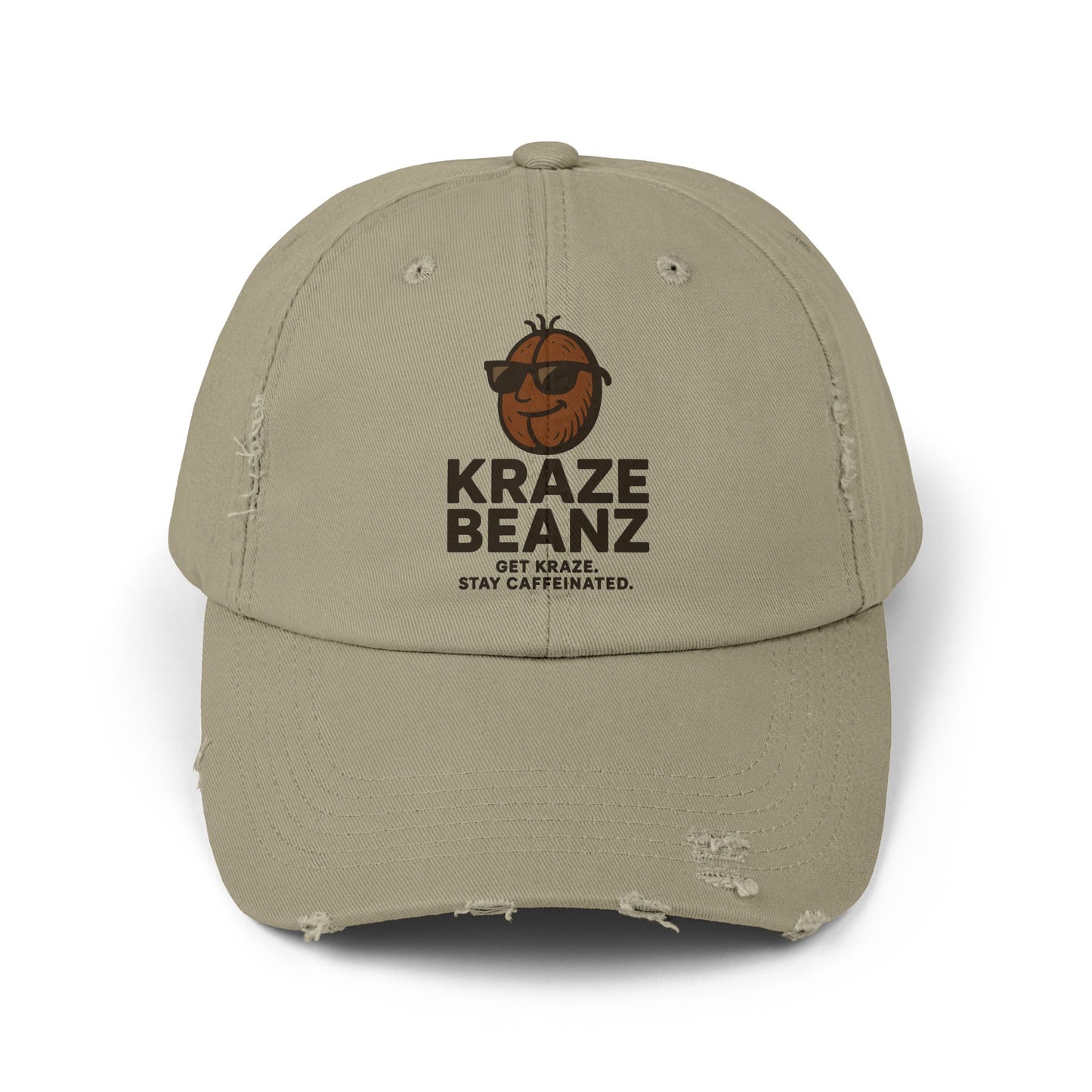 Kraze Beanz Distressed Cap — Vintage Coffee Logo Hat ("Kraze Beanz: Get Kraze. Stay Caffeinated.")