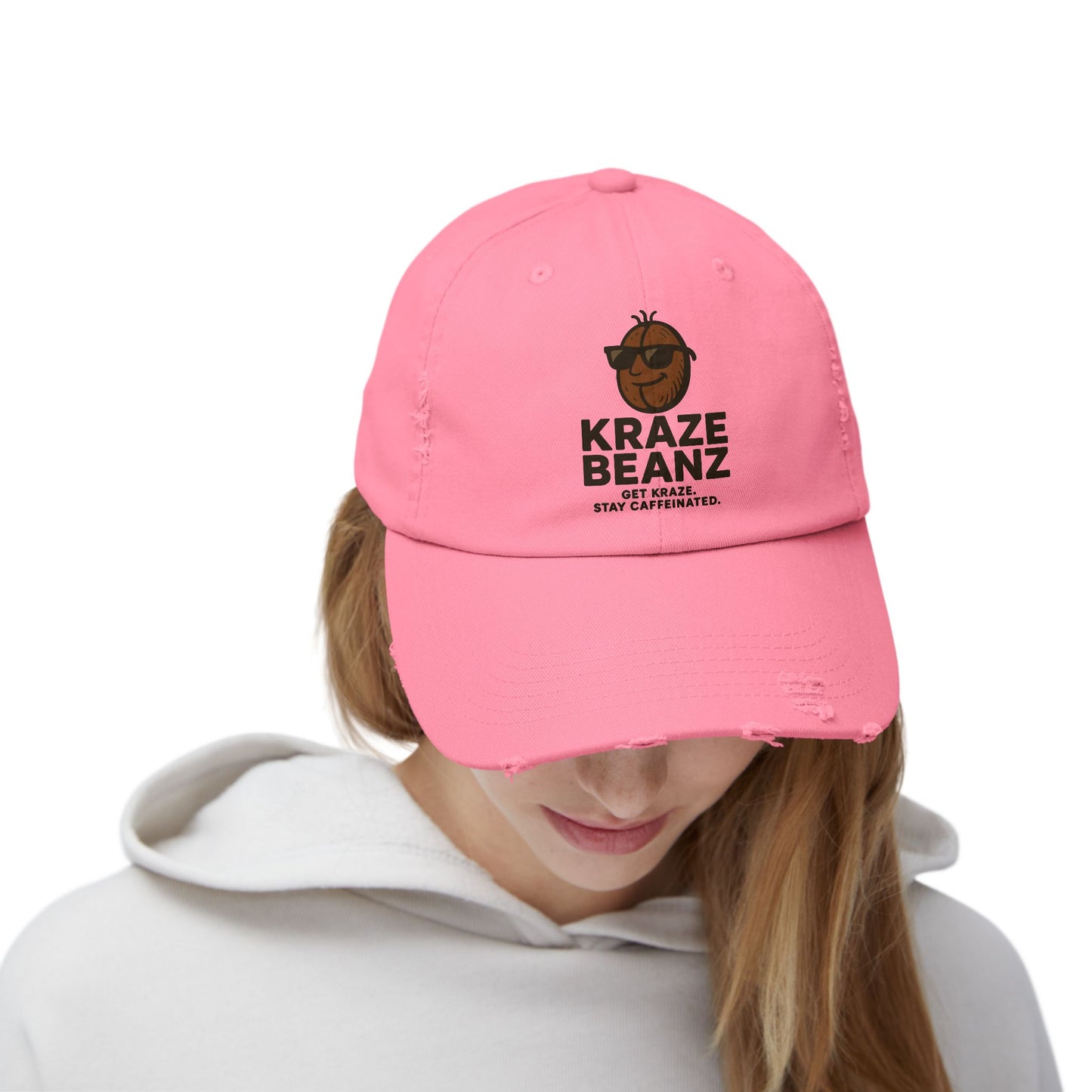 Kraze Beanz Distressed Cap — Vintage Coffee Logo Hat ("Kraze Beanz: Get Kraze. Stay Caffeinated.")