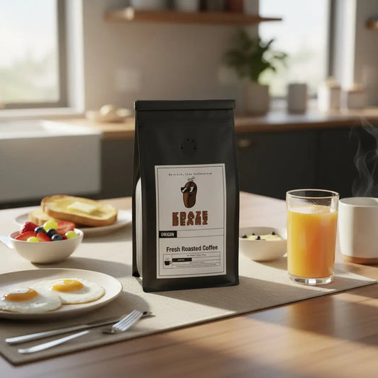 Kraze Beanz Breakfast Blend Black coffee bag with logo on a label on a kitchen breakfast table background