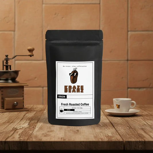 Kraze Beanz Italian Blend Black coffee bag with logo on a label on a Italian background