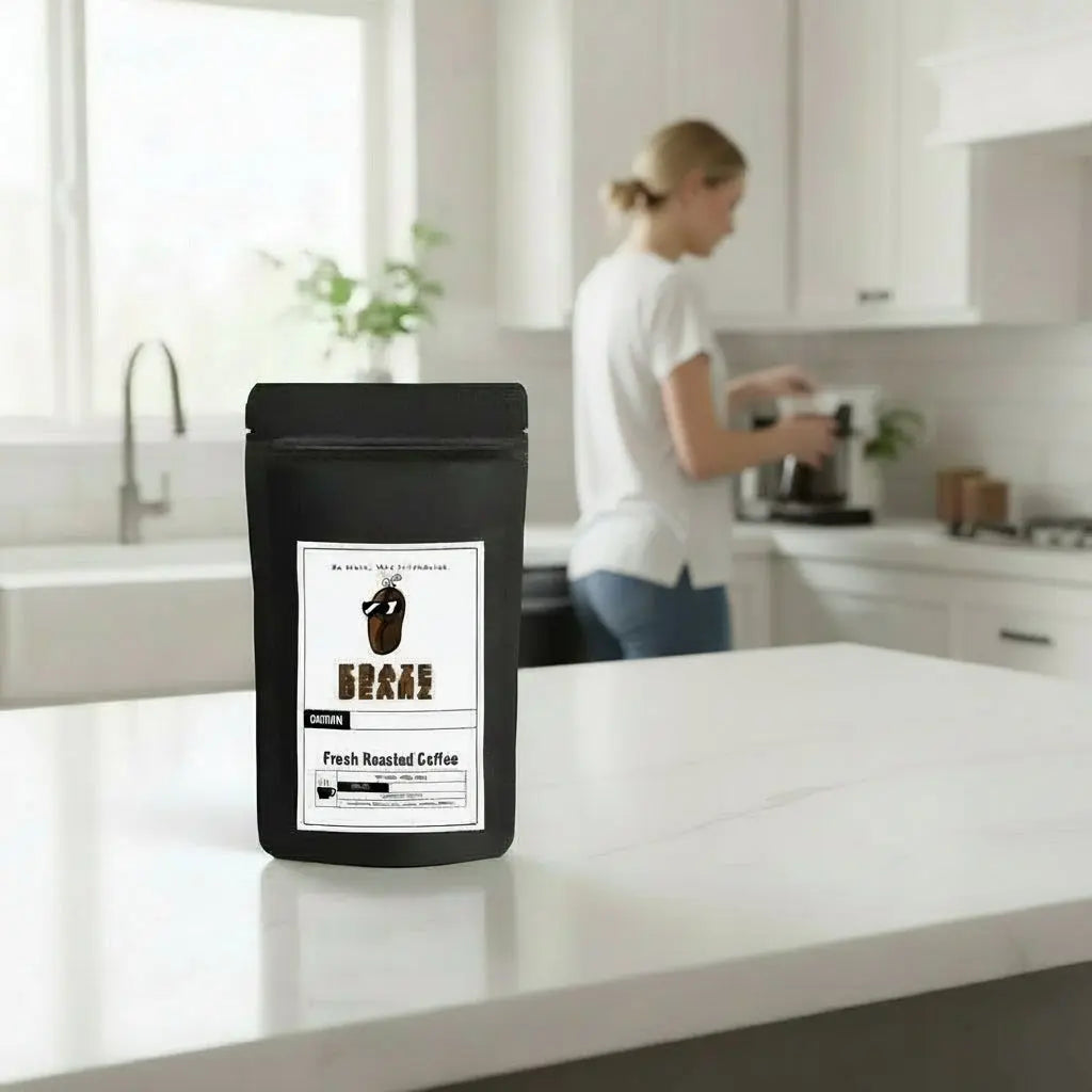 Kraze Beanz  Black 60 single pod coffee bag with logo on a label on a home kitchen background