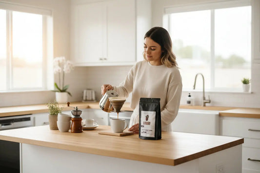 Kraze Beanz House Blend Black coffee bag with logo on a label on a home kitchen background