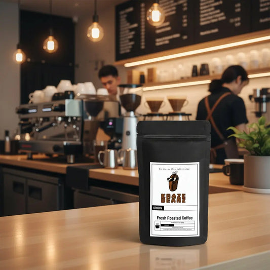 Kraze Beanz Asian Plateau Black coffee bag with logo on a label on a Asian barista background