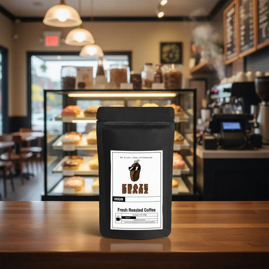 Kraze Beanz Donut Shop Black coffee bag with logo on a label on a donut shop background