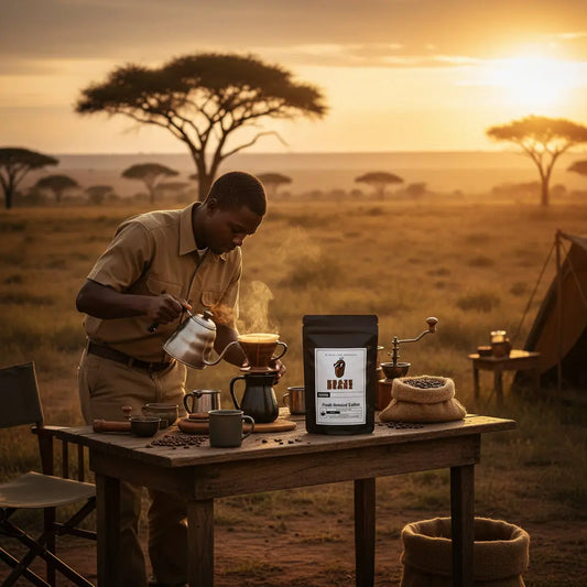 Kraze Beanz African Kawai blend Black coffee bag with logo on a label on a African safari  background