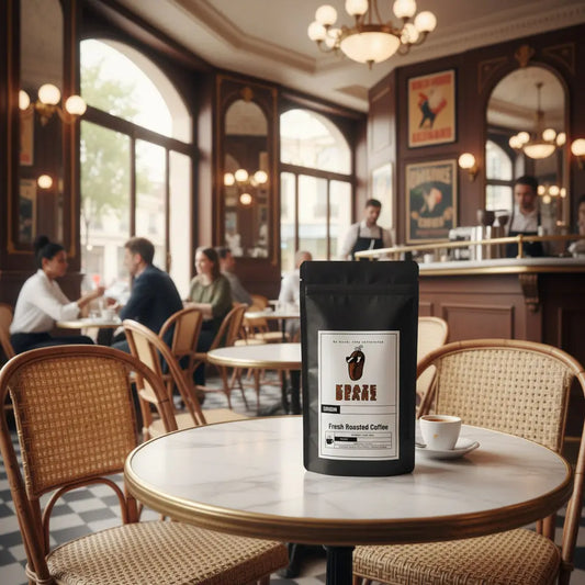 Kraze Beanz French Roast Black coffee bag with logo on a label on a French cafe background