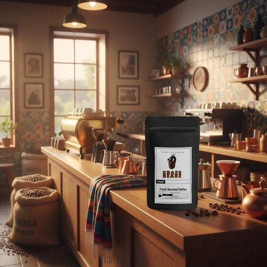 Kraze Beanz Latin America Blend Black coffee bag with logo on a label on a Latin American Barista background