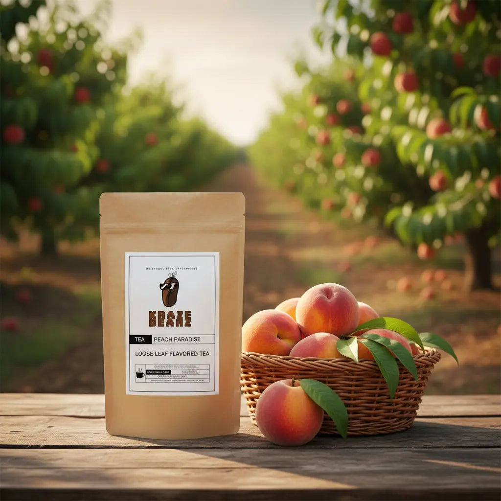 Kraze Beanz peach paradise loose leaf flavored tea package on a rustic table next basket of peaches in a  peach orchard background