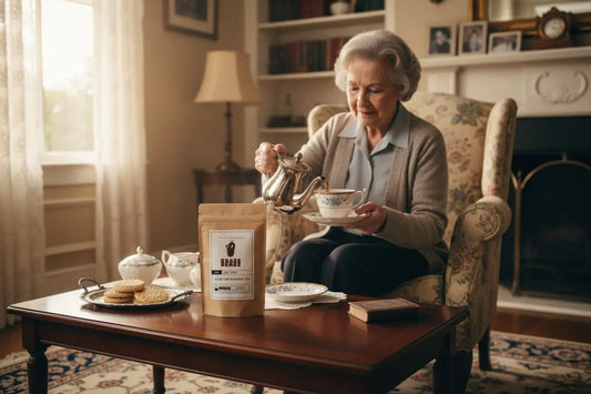 Kraze Beanz Earl Grey loose leaf flavored tea package with sweet lady pouring tea background