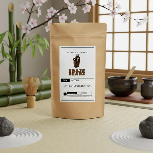 Kraze Beanz Matcha tea bag with a label on a Japanese background