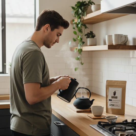 Kraze Beanz Hojicha tea bag with a millennial making tea background