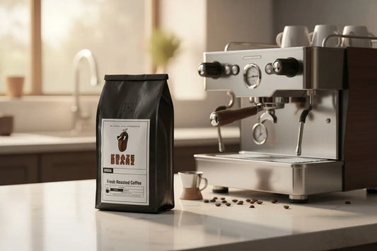 Kraze Beanz Blonde Black coffee bag with a logo on a  label in a background kitchen with espresso machine