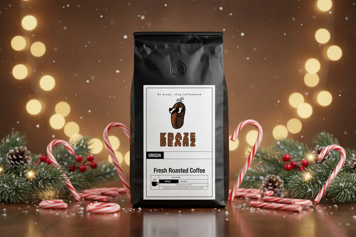 Kraze Beanz Candy Cane Black coffee bag with a logo on label on a Christmas background with candy canes
