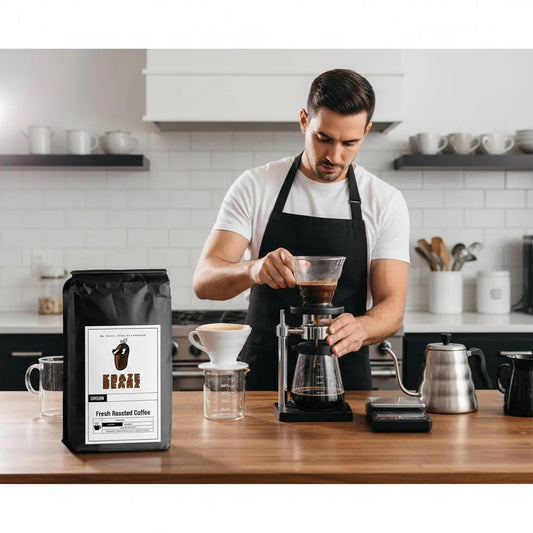 Kraze Beanz Cold Brew Black coffee bag with logo on a label on a kitchen with man background