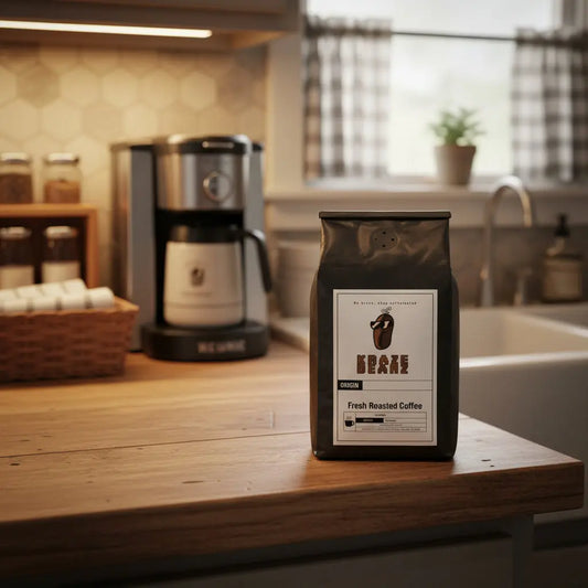 Black Bali Sample coffee bag with a label and a Kraze Beanz logo on a country kitchen with kerig background