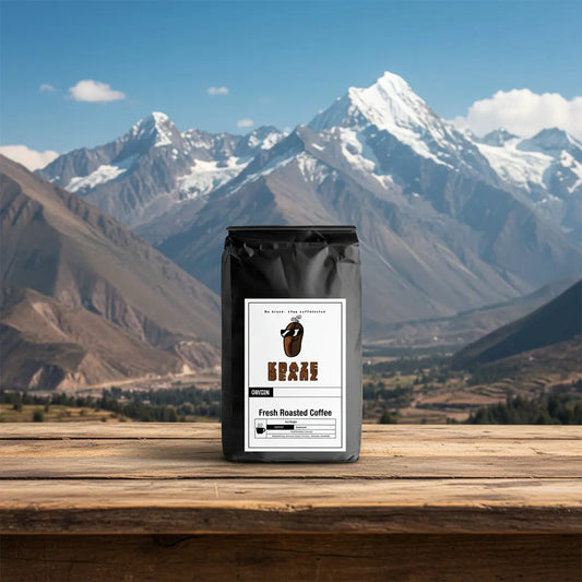 Peru Decaf Black coffee bag with Kraze Beanz logo on label on a Peru  mountain background