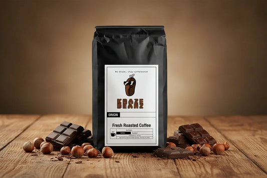 Kraze Beanz Chocolate hazelnut Black coffee bag with a logo on a label on a wood table and brown background