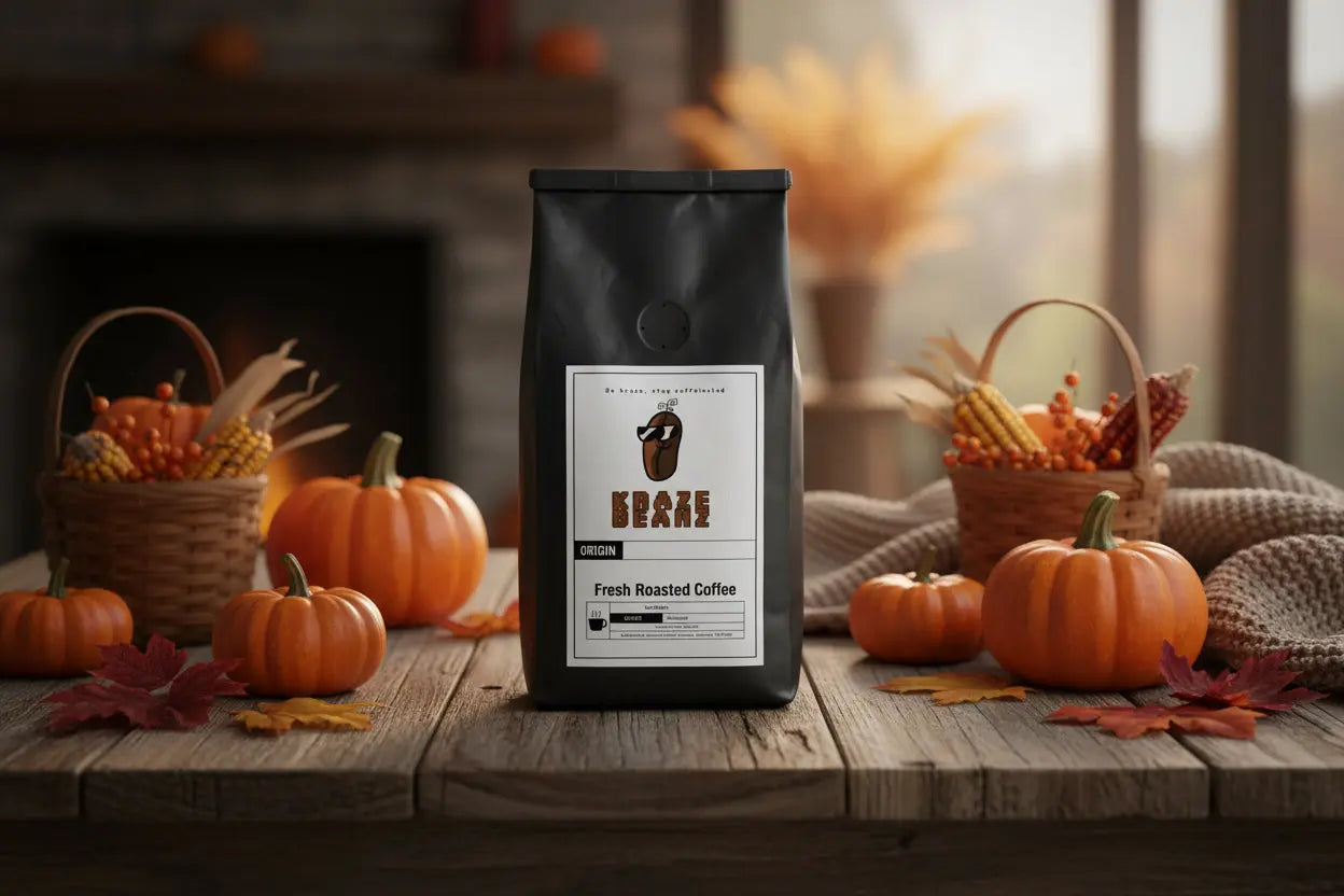 Kraze Beanz Pumpkin Spice Black coffee bag with  a logo on label on a rustic fall  background