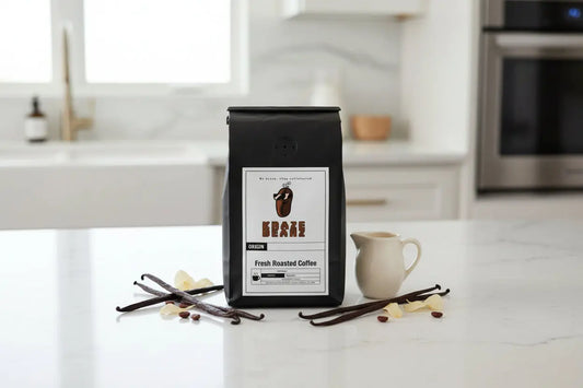 Kraze Beanz French Vanilla Black coffee bag with a logo on label on a white background