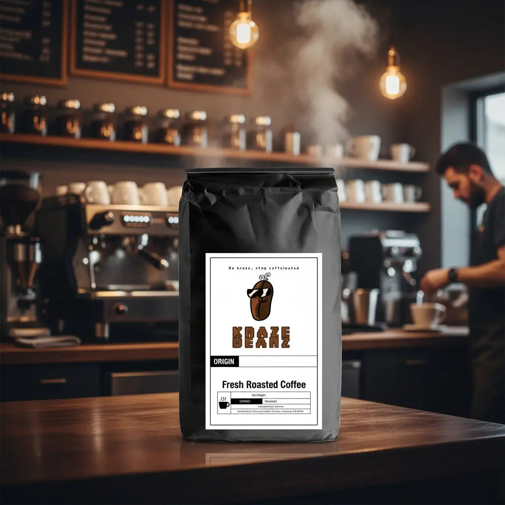 Black Single Origin Sample Pack coffee bag with a label and a Kraze Beanz logo on a barista background
