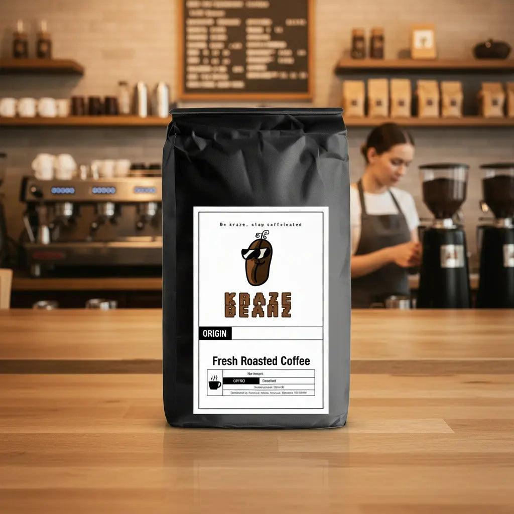 Black Flavored Sample coffee bag with Kraze Beanz logo on label on a girl in barista background