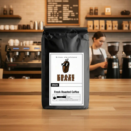 Black Flavored Sample coffee bag with Kraze Beanz logo on label on a girl in barista background