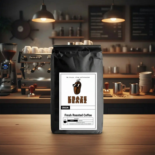 Kraze Beanz African Espresso Black coffee bag with logo on a label on a espresso  background