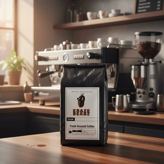 Kraze Beanz Max Caff Black coffee bag with logo on a label on a barista background