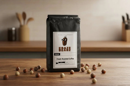 Kraze Beanz hazelnut Black coffee bag with a logo on label on a cozy kitchen background