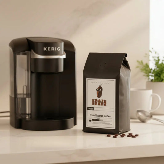 Black Peru pods coffee bag with a label  with Kraze Beanz logo on a white kitchen counter with Kerig