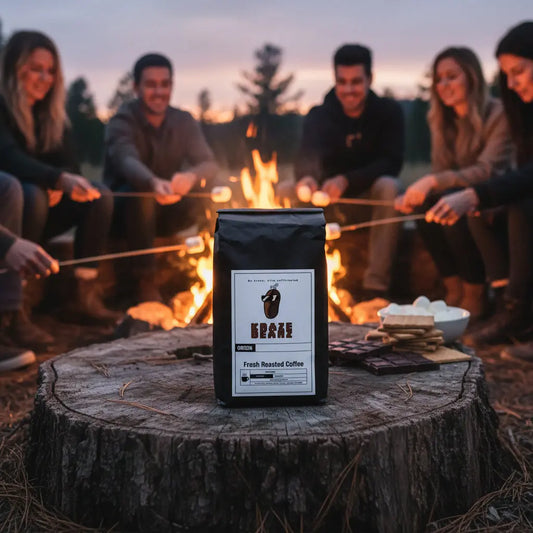 Kraze Beanz Smores  Black coffee bag with logo on a label on a campfire background 