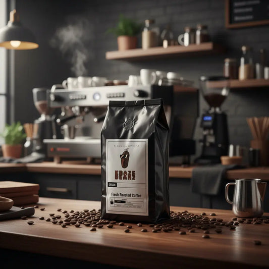 Black Mexico Pods coffee bag with Kraze Beanz logo on label with a barista background