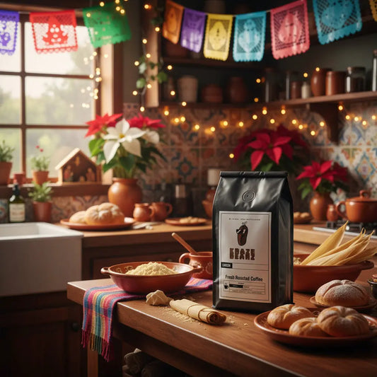 Kraze Beanz Holiday Blend Black coffee bag with logo on a label on a Latin American holiday background