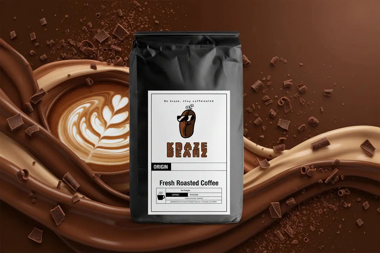 Kraze Beanz Mocha Black coffee bag with a logo on a  label on a mocha background