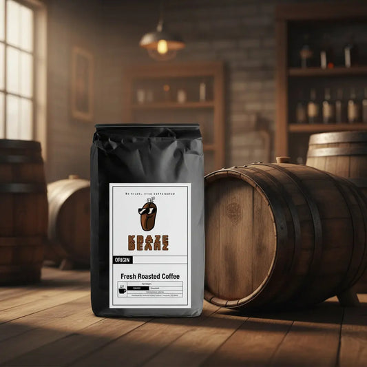 Kraze Beanz Whiskey Barrel Aged Black coffee bag with logo on a label on a distiller background