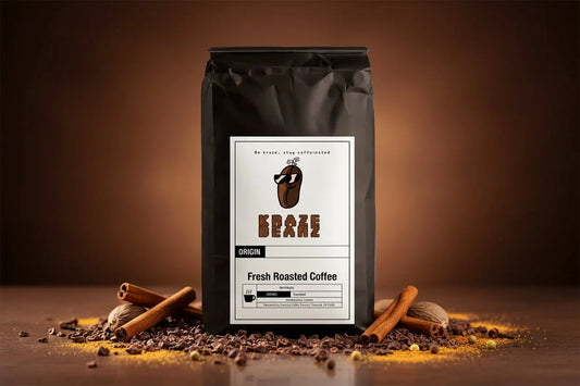 Kraze Beanz Mexican Chocolate Black coffee bag with a logo on label with a brown background
