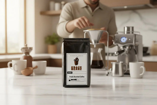 Kraze Beanz Dubai Chocolate Black coffee bag with logo on label on a kitchen background