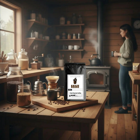 Kraze Beanz Instant Black coffee bag with logo on a label on a rustic cabin background