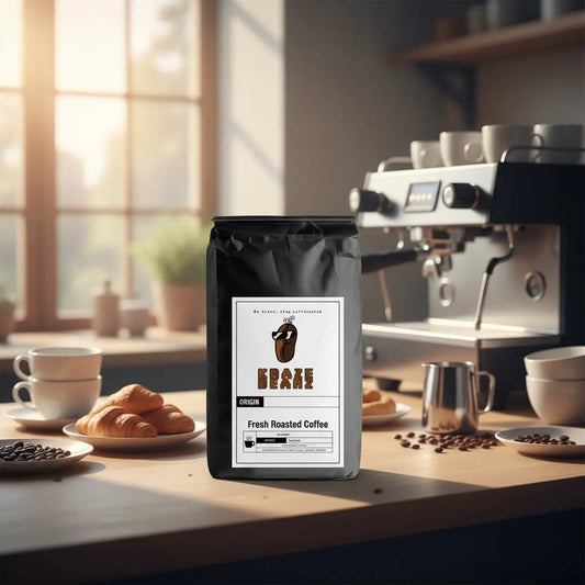 Kraze Beanz Breakfast Blend + Black coffee bag with logo on a label on a breakfast  barista background
