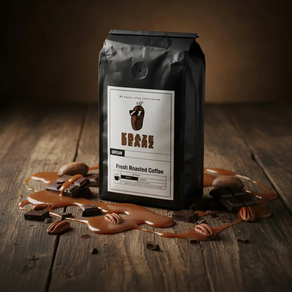 Kraze Beanz Turtle Black coffee bag with logo on a label on a table background